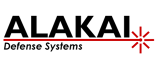 Company logo for Alakai defense systems with Alakai written in black over a red line going to the right with a starburst pattern over Defense Systems.