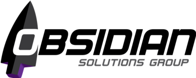 Black, white and purple Obsidian solutions group logo with a slanted arrow head symbol under the O.
