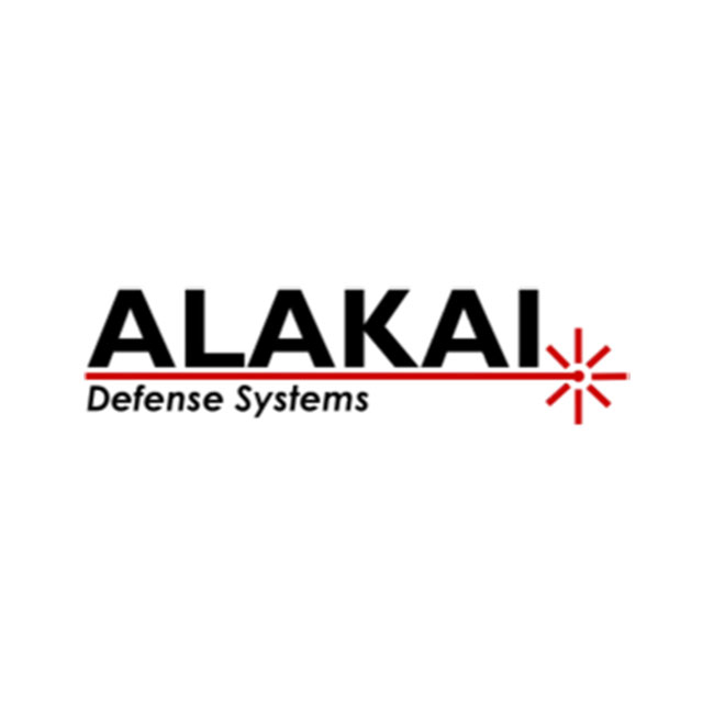 Company logo for Alakai defense systems with Alakai written in black over a red line going to the right with a starburst pattern over Defense Systems.
